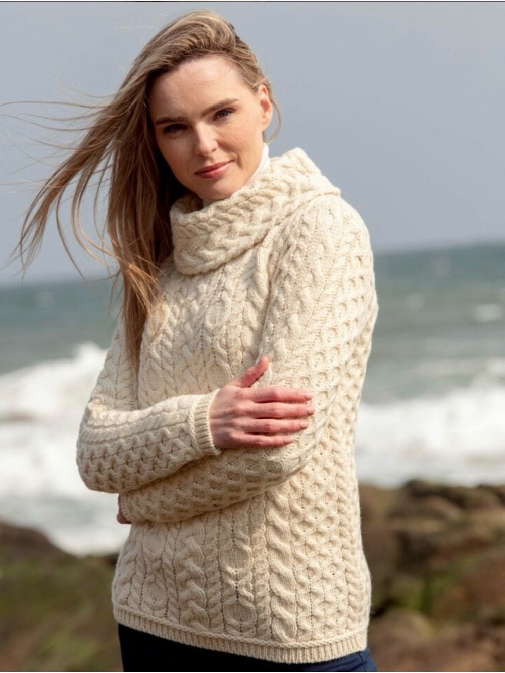 NWT Aran Crafts Cowl Neck Cable Knit Sweater Merino Wool XS